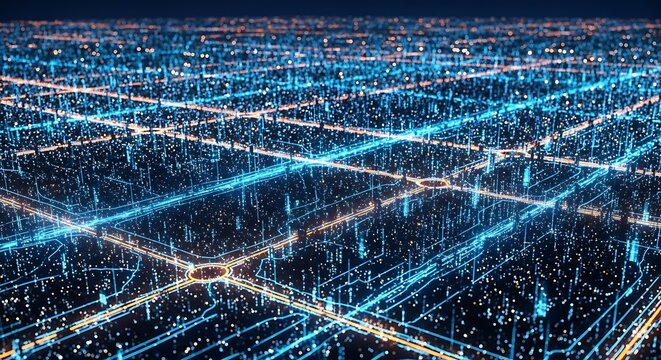 An abstract aerial view of a digital city with glowing blue grid lines, representing connectivity, data networks, and the future of urban technology - Powered by Adobe