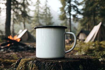 Vibrant photo of white enamel mug on a mossy stump with tents and campfire in forest