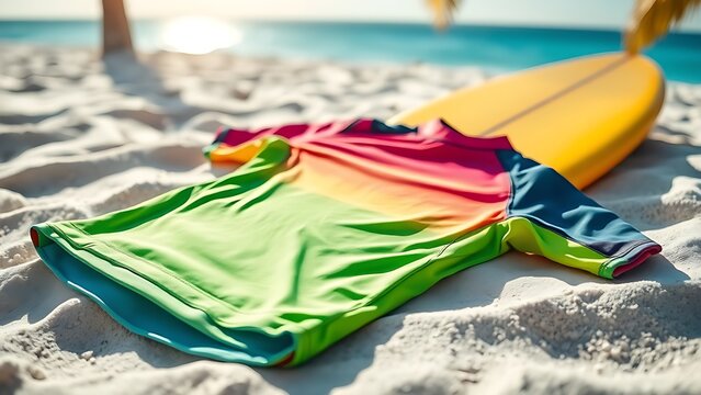 rashguard. A vibrant colored rashguard laid flat on a sandy beach with a surfboard. event key visuals, club posters, designed for fitness apps and gym onboarding, used by fitness trainers.