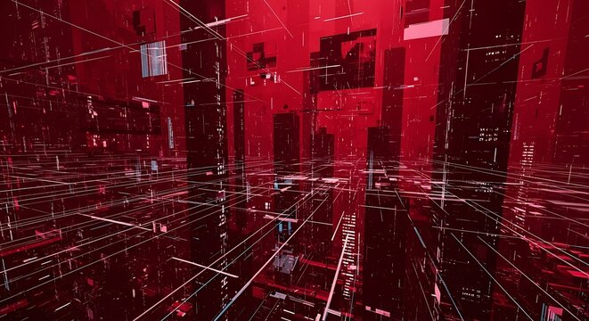 A futuristic cityscape with a red hue and digital grid lines, creating a sense of technological advancement and urban exploration in virtual reality