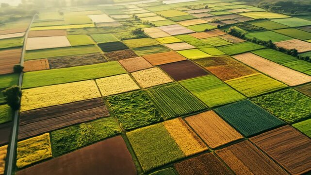 Aerial view of colorful agricultural fields in a geometric pattern