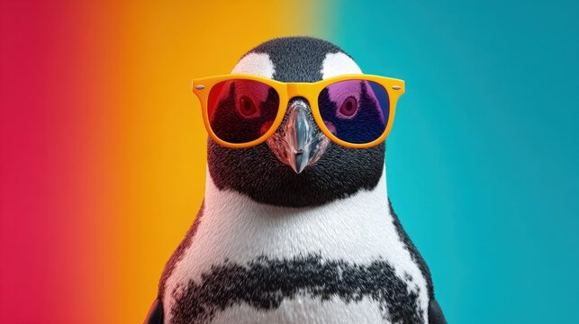 A penguin in bright sunglasses poses cheerfully with a colorful gradient background. This playful scene captures a sense of fun and summer vibes, making it lively and engaging.