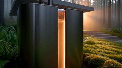 A futuristic rainwater harvesting tank with glowing, pulsing water stands in a misty forest at sunrise, symbolizing sustainable technology and eco-friendly living. - Powered by Adobe
