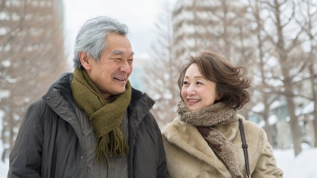 A joyful elderly couple walks hand in hand through a snow-covered city street. The snowy landscape and their warm smiles create a cozy atmosphere on a chilly afternoon.
