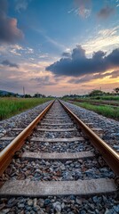 Fototapeta premium High quality photo of long train tracks leading towards a dramatic sunset sky at dusk