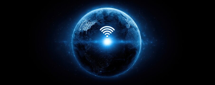 Vibrant photo of digital earth with wifi symbol in the center of the planet surface - Powered by Adobe