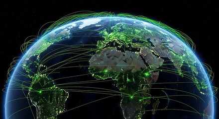 Global network visualization with glowing green connections around earth, representing communication, technology, and international relations on a dark backdrop