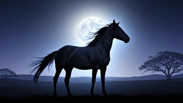 Mystical Night: Graceful Dark Horse Silhouettes Under the Illuminating Moonlight Animation