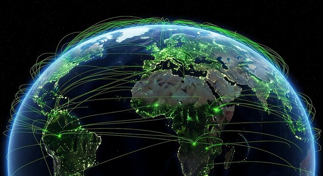 Global network visualization with glowing green connections around earth, representing communication, technology, and international relations on a dark backdrop