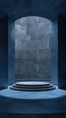 Vibrant photo of dark blue podium stage for product placement in a stone room