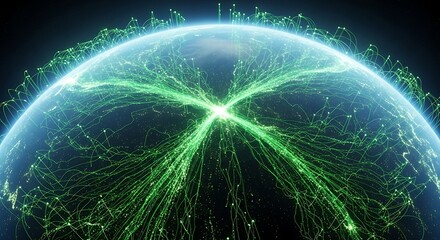 The planet earth is shown with green glowing lines connecting all the continents in a global network, symbolizing connection and communication