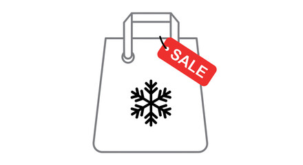 Winter Sale Shopping Bag: A minimalist illustration of a shopping bag featuring a snowflake, adorned with a SALE tag, symbolizing winter discounts and retail promotions. 