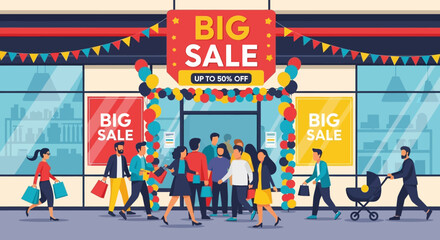 Big Sale Crowd: The exterior of a store hosts a large group of individuals, signaling the onset of a large sale and beckoning shoppers to partake in the bargains offered within.