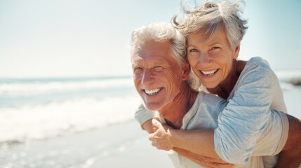 A joyful couple in their sixties shares a special moment at the beach. With clear skies above, they embrace playfully while waves gently crash behind them.