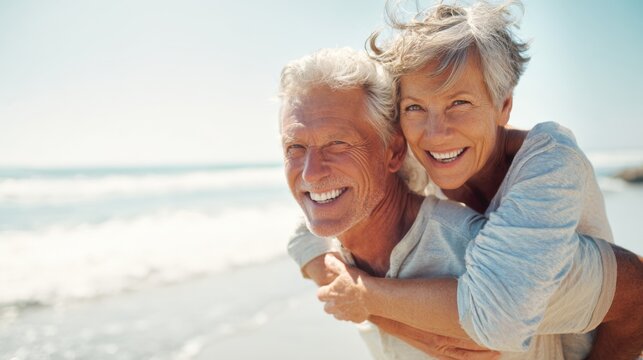 A joyful couple in their sixties shares a special moment at the beach. With clear skies above, they embrace playfully while waves gently crash behind them.