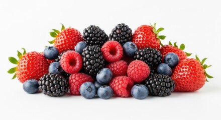 Fresh mixed berries pile including strawberries, raspberries, blueberries, and blackberries isolated on white background for healthy eating concepts