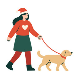 Woman In Christmas Outfit Walking Her Dog