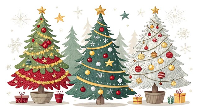 Three beautifully decorated christmas trees with ornaments and lights in a festive winter scene