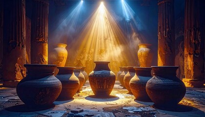 A collection of ancient clay pots are displayed in a dark, atmospheric setting, illuminated by dramatic beams of light.