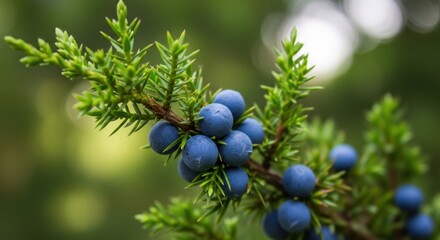 Branch of a juniper tree with ripe blue berries and green needles in a forest environment closeup