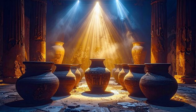 A collection of ancient clay pots are displayed in a dark, atmospheric setting, illuminated by dramatic beams of light.