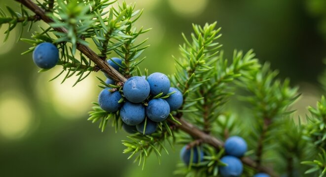 Closeup detail of ripe blue juniper berries growing on a prickly green branch in natural sunlight - Powered by Adobe
