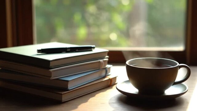 A steaming cup of tea and a stack of books with a pen sit by a sunlit window.