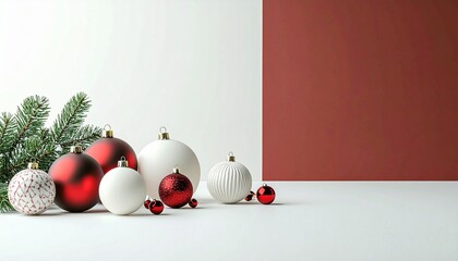 赤と白のクリスマスオーナメントと松の枝のミニマル構成 | Minimal Composition of Red and White Christmas Ornaments with Pine Branch
