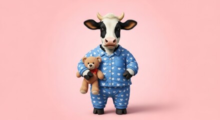 A funny toy cow in black and white color wear dress isolated on solid background