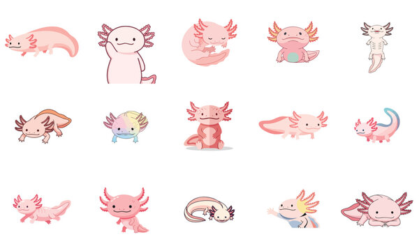 Ultimate Axolotl Sticker Set Collection Cartoon Vector Illustration Pink Aquatic Pet