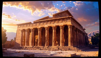 A majestic ancient temple with rows of columns stands against a vibrant sunset sky, hinting at historical grandeur and architectural beauty.