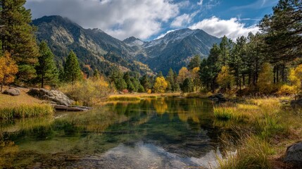 Bright autumn colors surround a tranquil lake reflecting the vibrant trees and towering mountains in the background. The sky is partly cloudy, enhancing the peaceful atmosphere.