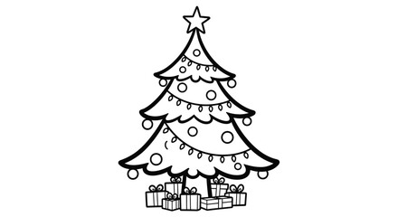 Christmas tree with star and presents line art drawing.