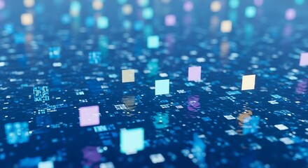 Abstract background with colorful cubes floating in a blue digital space, representing data processing and technological advancement in a modern world