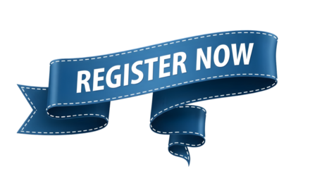 Register Now ribbon banner: bold blue ribbon call-to-action for websites and marketing

