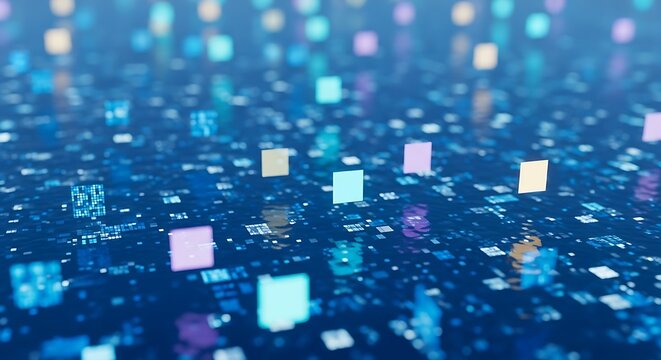 Abstract background with colorful cubes floating in a blue digital space, representing data processing and technological advancement in a modern world