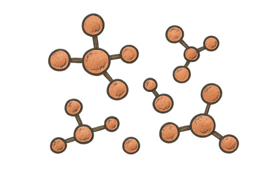 Hand drawn molecular structure elements with connecting atoms representing science, chemistry, and technology concepts on transparent background