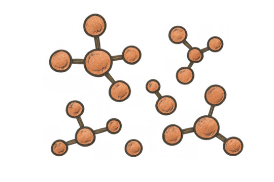 Hand drawn molecular structure elements with connecting atoms representing science, chemistry, and technology concepts on transparent background - Powered by Adobe