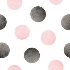 Seamless pattern with watercolor soft pink and black dots on white or transparent background.