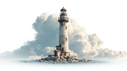 A tall lighthouse on a rocky outcrop stands resilient against the backdrop of fluffy clouds. The structure features a circular tower and a small building beside it, showcasing coastal beauty.