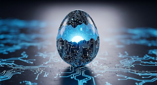 Futuristic easter egg with intricate circuit patterns and a glowing core, symbolizing technological innovation and the fusion of tradition and technology
