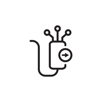 Fiber optic cable installation icon. Features a connector plug linked to a module showing data flow. Represents high-speed communication, broadband network, telecom infrastructure, and digital data.