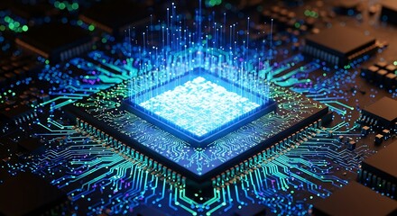 A closeup of a glowing microchip, symbolizing advanced technology, innovation, and the intricate workings of modern electronic devices