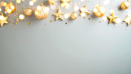 Fototapeta premium ゴールドオーナメントのクリスマスフレームとグレー背景｜Christmas Frame with Gold Ornaments on Gray Background 