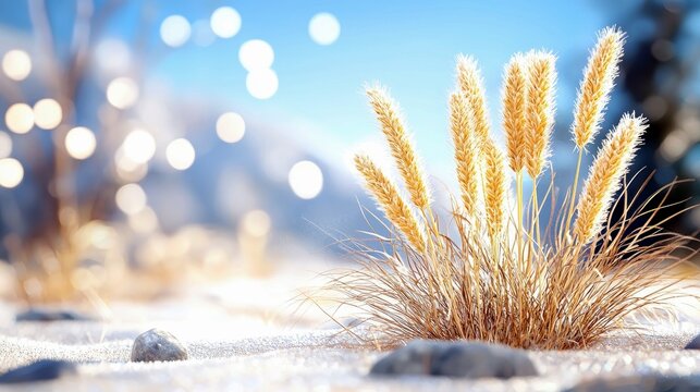 Close-up of golden wheat stalks in soft sunlight, with bokeh lights and stones on a snowy ground under a clear blue sky.