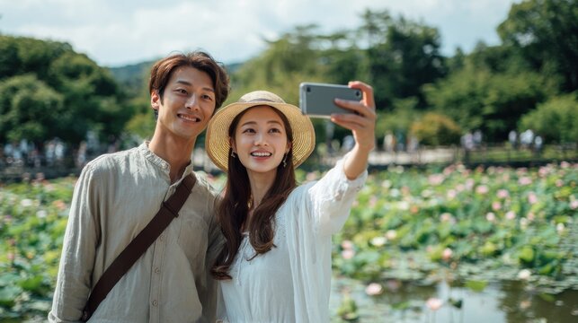 A young couple is happily taking a selfie together beside a serene lotus pond. They are surrounded by lush greenery and blooming flowers on a bright, sunny day.