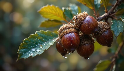 A close up of acorns on a branch with water droplets clinging to the leaves and acorn caps in nature
