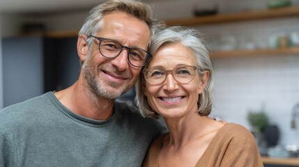 A cheerful couple stands closely in their cozy kitchen, both smiling. They enjoy a moment together while preparing for their day, radiating warmth and happiness.