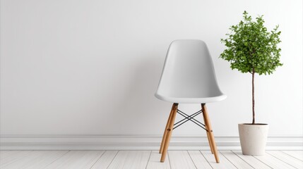 A minimalist chair with wooden legs stands next to a small potted plant. The bright room features white walls and wooden flooring, creating a clean, stylish atmosphere.