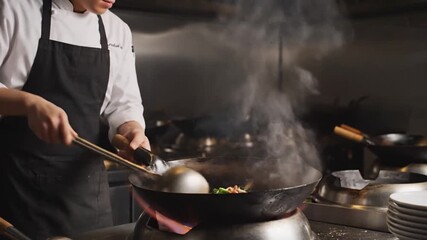 Chef Cooking with Flames in a Commercial Kitchen with Stainless Steel Appliances Vegetables in a Wok with Vibrant Colors Professional Culinary Arts - Powered by Adobe
